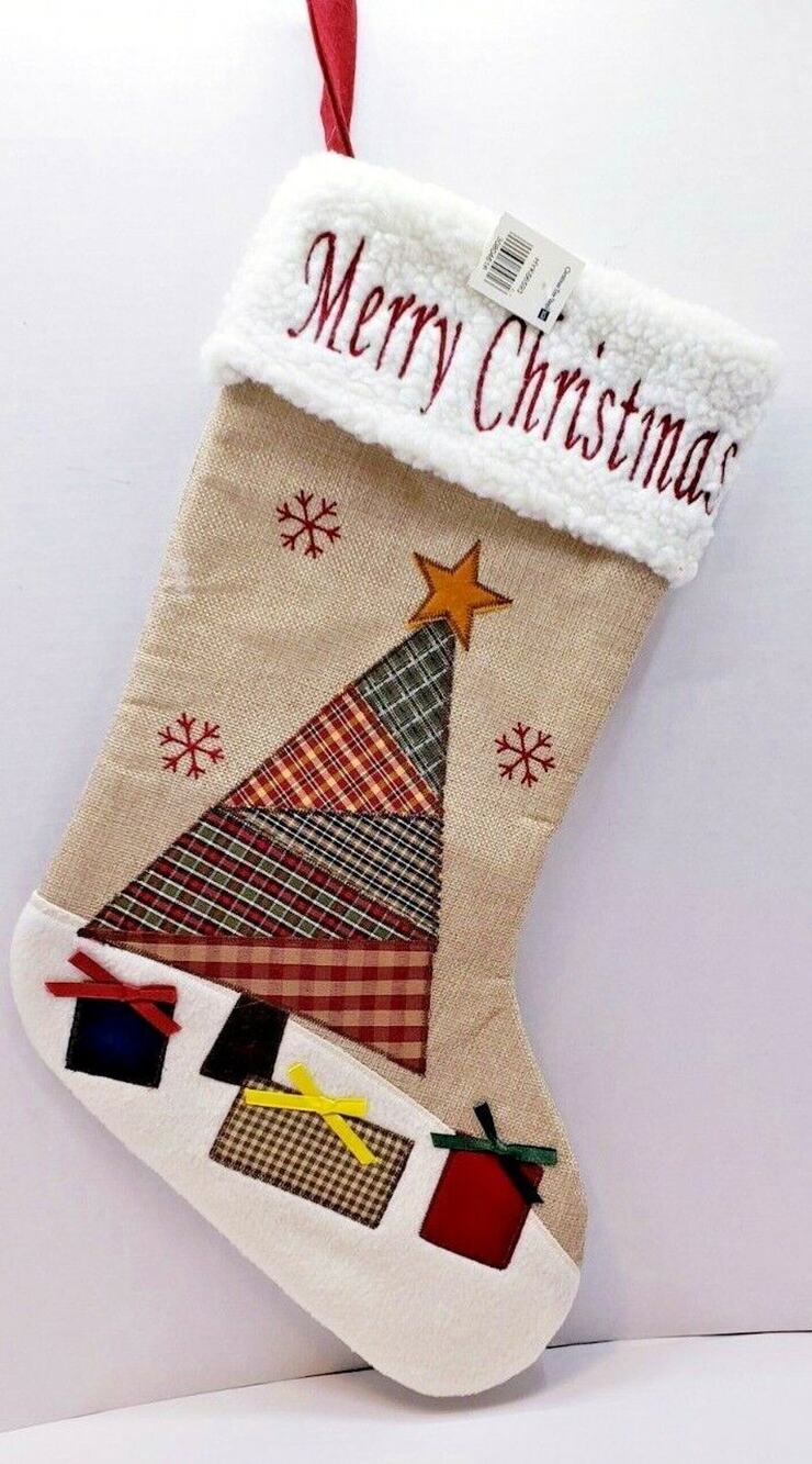 New 22" Christmas Stocking Merry Christmas Tree & Presents Applique Burlap